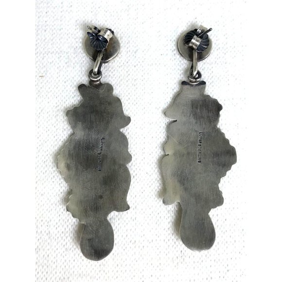 Sterling Silver Stamped Corn Husks & Coral Dangle Earrings - Signed - 3" - Picture 4 of 6